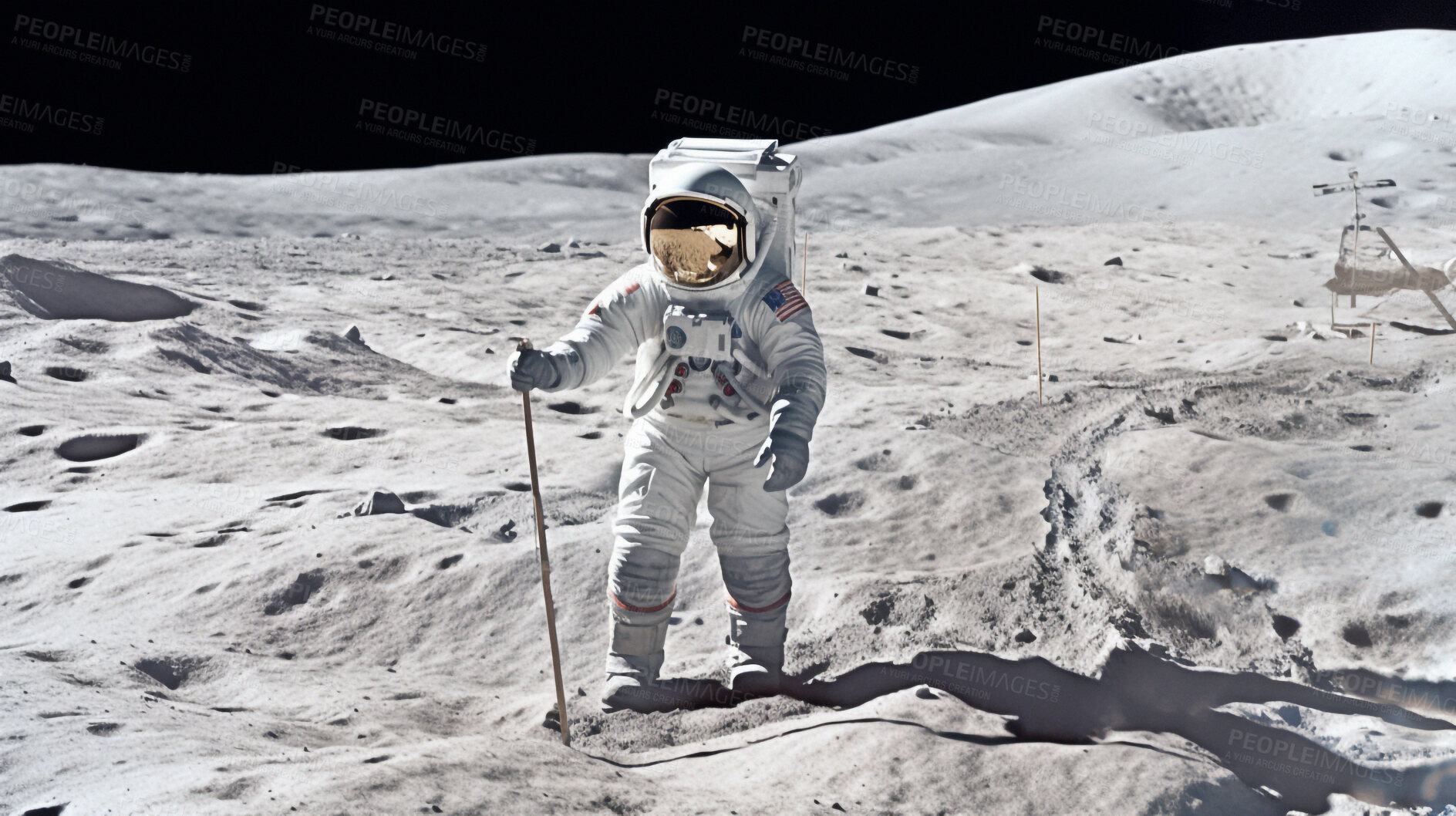 Buy stock photo Astronaut, person and moon surface exploration for solar system, universe or planet landing. Ai generated, spaceman and safety suit on lunar discovery, space mission and science navigation background