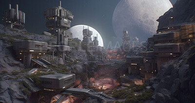 Moon, city and futuristic infrastructure in space for science research, astronomy and galaxy exploration. Ai generated, planet and future buildings architecture for aerospace colony or travel landing