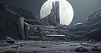 Moon, buildings and futuristic architecture in space for science research, astronomy and galaxy exploration. Ai generated, planet and future city infrastructure for aerospace colony or travel landing