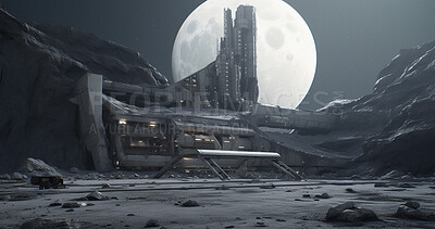 Moon, buildings and futuristic architecture in space for science research, astronomy and galaxy exploration. Ai generated, planet and future city infrastructure for aerospace colony or travel landing