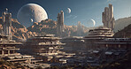 Moon, city and futuristic infrastructure in space for science research, astronomy and galaxy exploration. Ai generated, planet and future buildings architecture for aerospace colony or travel landing