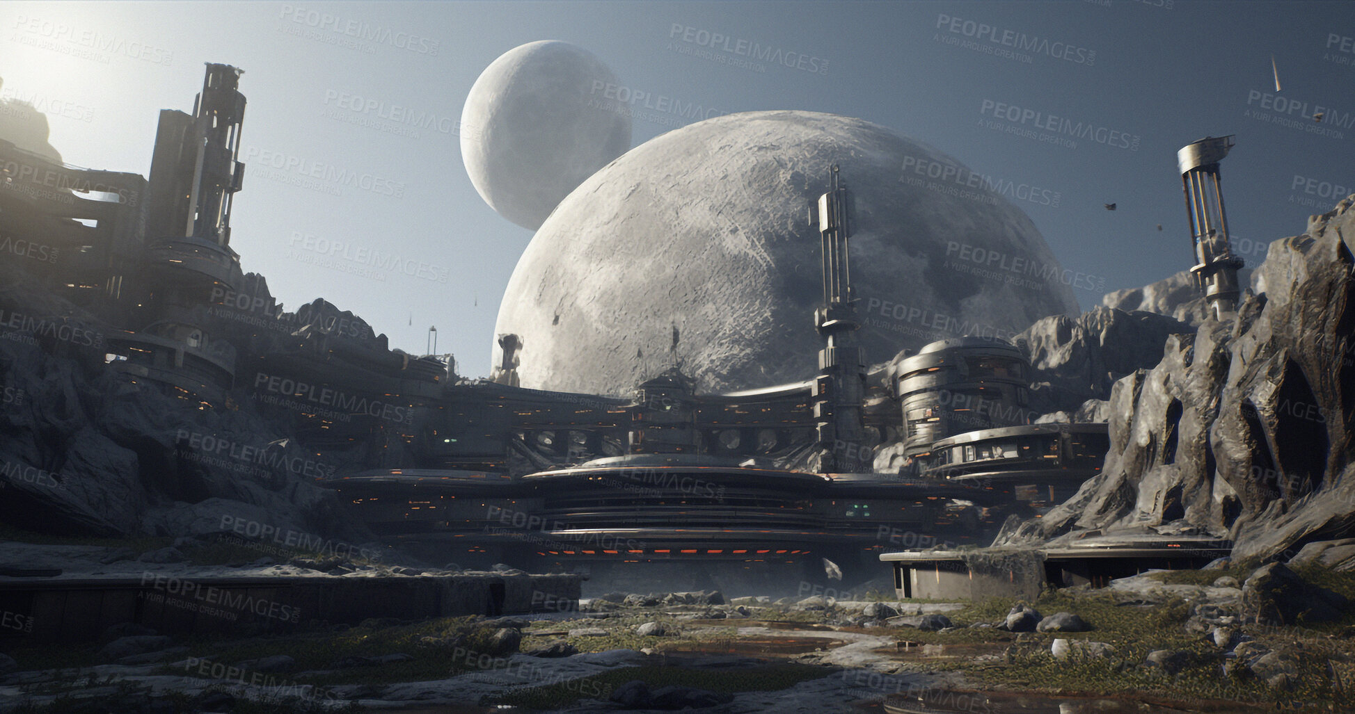Buy stock photo Moon, city and futuristic architecture in space for science research, astronomy and galaxy exploration. Ai generated, planet and future buildings infrastructure for aerospace colony or travel landing