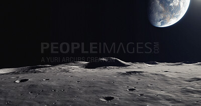 Moon, ground and earth view in space, universe and galaxy for science research, astrology and planet exploration. Ai generated crater, astronomy and solar system with world, dark sky or night mockup