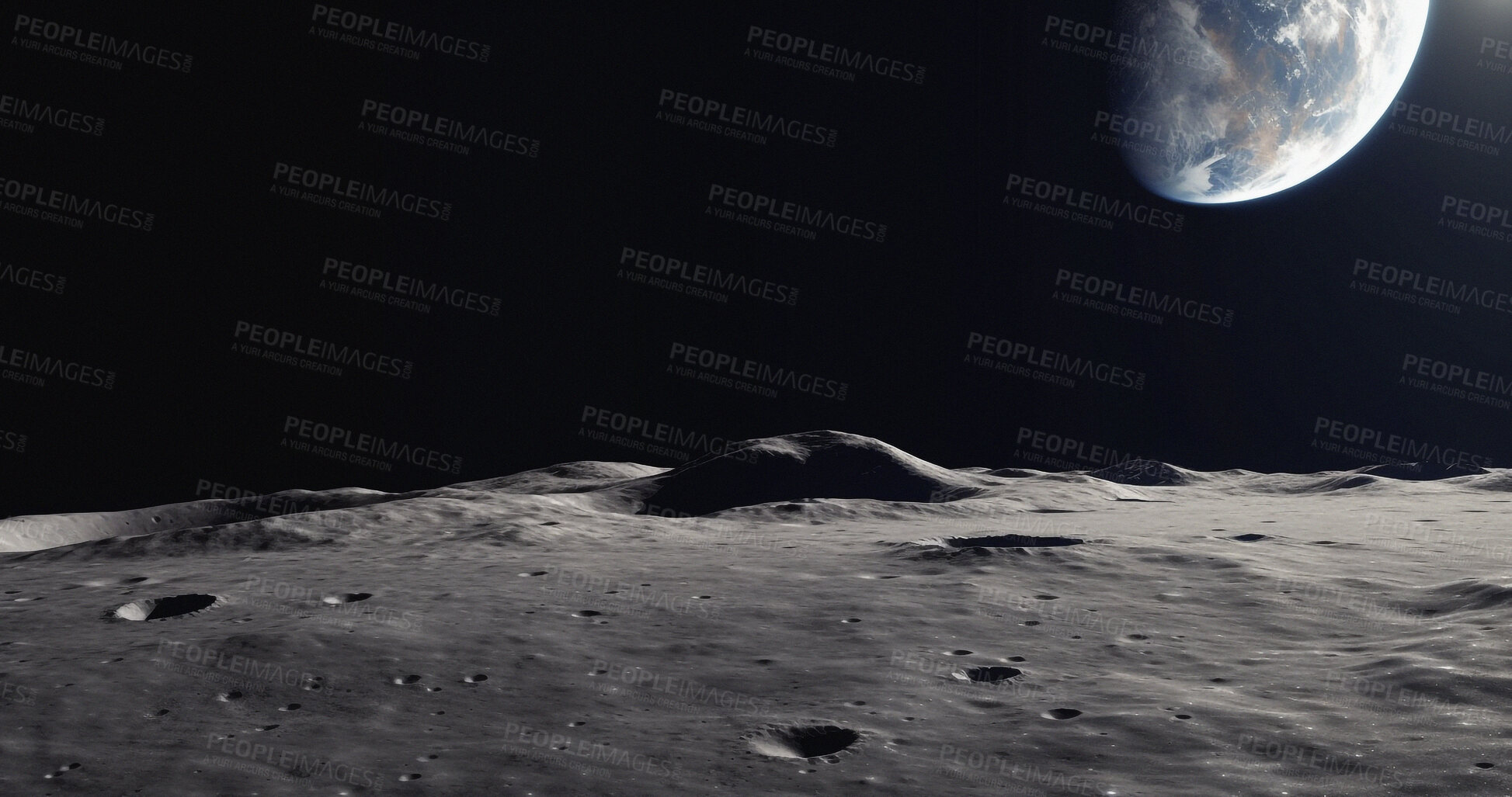 Buy stock photo Moon, ground and earth view in space, universe and galaxy for science research, astrology and planet exploration. Ai generated crater, astronomy and solar system with world, dark sky or night mockup