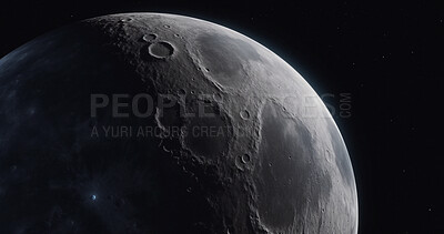 Closeup moon, surface or view in space, universe and galaxy for science research, astrology and planet exploration. Ai generated crater, astronomy or solar system with lunar, dark sky or night mockup