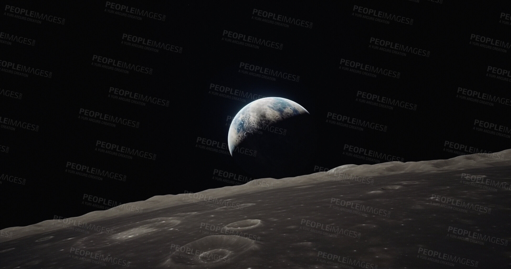 Buy stock photo Moon, surface and world view in space, universe and galaxy for science research, astrology and planet exploration. Ai generated crater, astronomy and solar system with earth, dark sky or night mockup