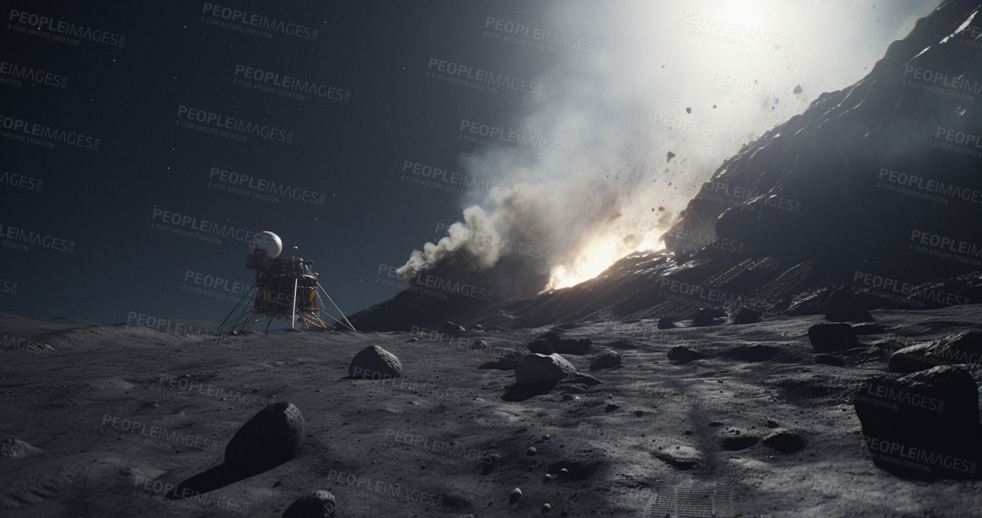 Buy stock photo Moon, space ship or universe landing surface for adventure or lunar explosion in exploration, discovery mission or science research. Ai generated, machine or explorer travel in solar system or galaxy
