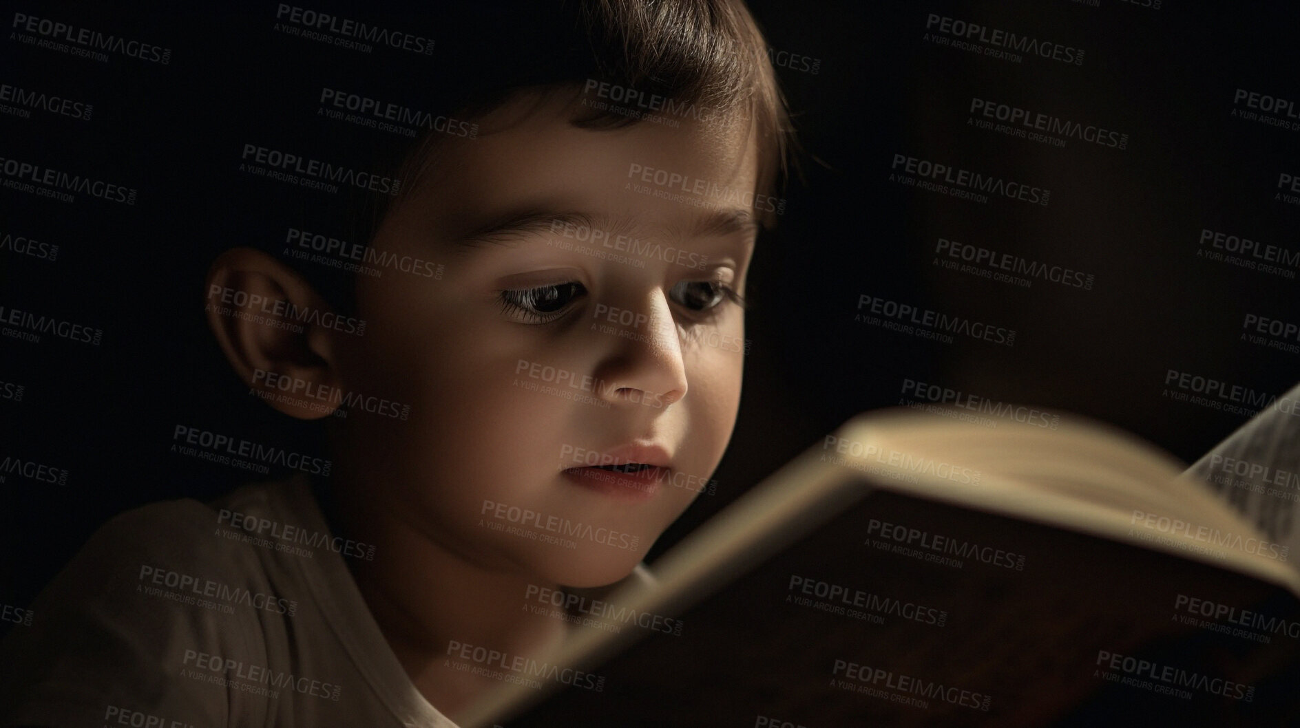 Buy stock photo Night, learning and storytelling with boy and book for knowledge, relax and fairytale. Ai generated, education and search with face of kid and reading for fantasy, imagination and child development