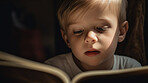 Night, face and storytelling with boy and book for knowledge, relax and fairytale. Ai generated, education and search with face of kid and reading for fantasy, learning and child development