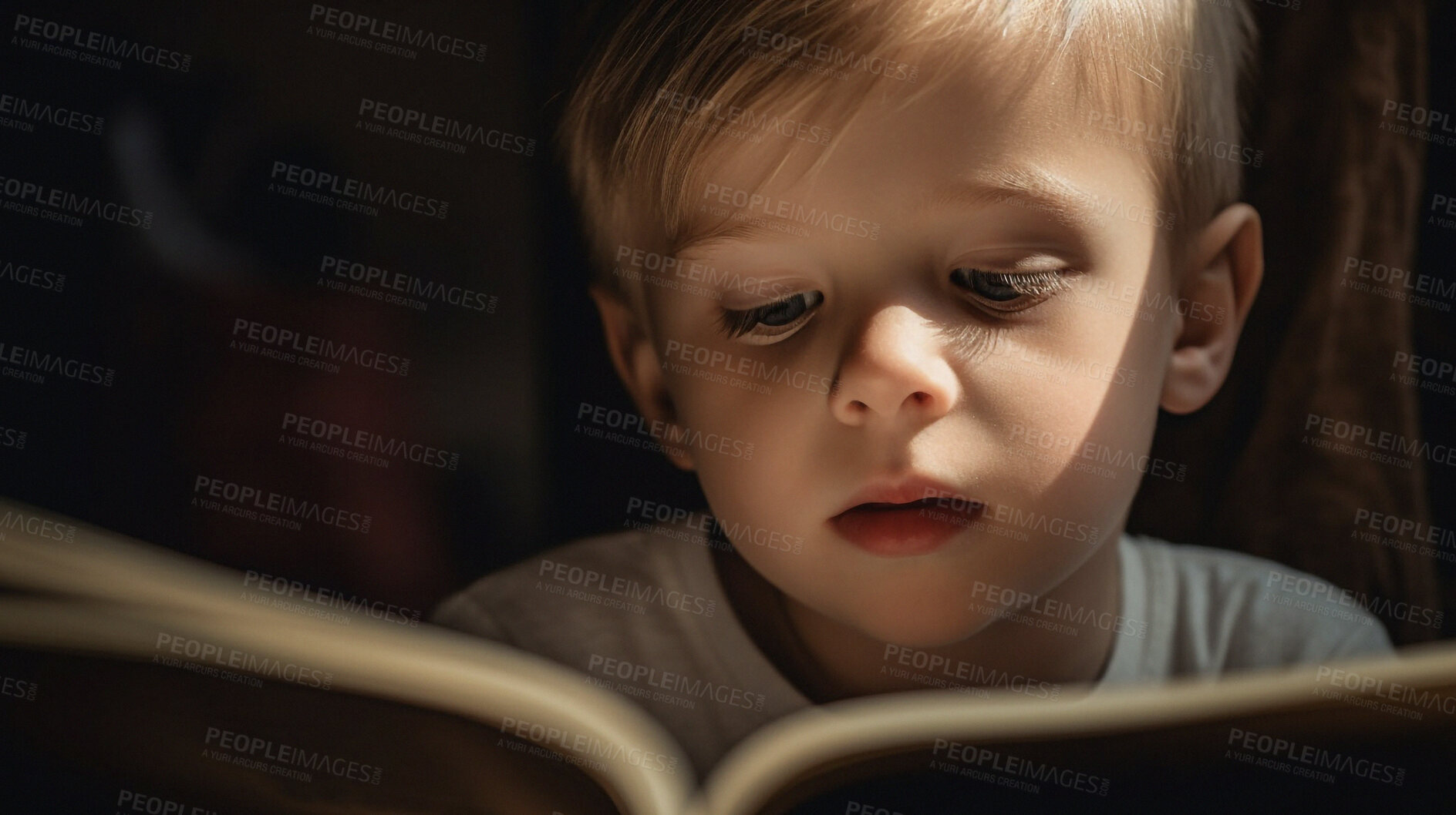 Buy stock photo Night, face and storytelling with boy and book for knowledge, relax and fairytale. Ai generated, education and search with face of kid and reading for fantasy, learning and child development