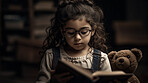 Night, research and storytelling with child and book for knowledge, relax and fairytale. Ai generated, education and information with kid and reading for fantasy, learning and development