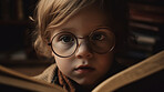 Night, youth and storytelling with boy and book for knowledge, relax and fairytale. Ai generated, education and search with face of kid and reading for fantasy, learning and child development