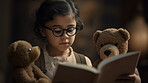 Imagination, youth and storytelling with girl and book for knowledge, relax and fairytale. Ai generated, education and teddy bear with kid and reading for fantasy, learning and child development