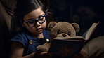 Night, books and bedtime with child in bedroom for storytelling, relax and fairytale. Ai generated, education and teddy bear with kid and reading at home for fantasy, learning and development