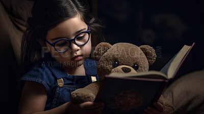 Night, books and bedtime with child in bedroom for storytelling, relax and fairytale. Ai generated, education and teddy bear with kid and reading at home for fantasy, learning and development