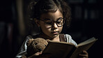 Night, books and education with child in bedroom for storytelling, relax and fairytale. Ai generated, bedtime and teddy bear with kid and reading at home for fantasy, learning and development
