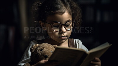 Night, books and education with child in bedroom for storytelling, relax and fairytale. Ai generated, bedtime and teddy bear with kid and reading at home for fantasy, learning and development