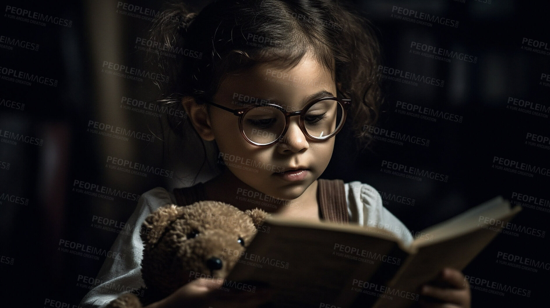 Buy stock photo Night, books and education with child in bedroom for storytelling, relax and fairytale. Ai generated, bedtime and teddy bear with kid and reading at home for fantasy, learning and development