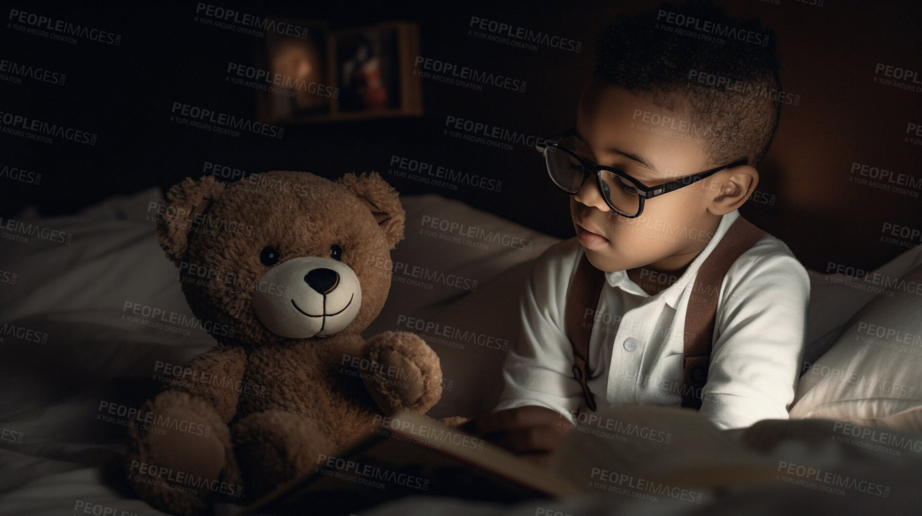 Buy stock photo Night, books and learning with child in bedroom for storytelling, relax and fairytale. Ai generated, bedtime and teddy bear with kid and reading at home for fantasy, education and development