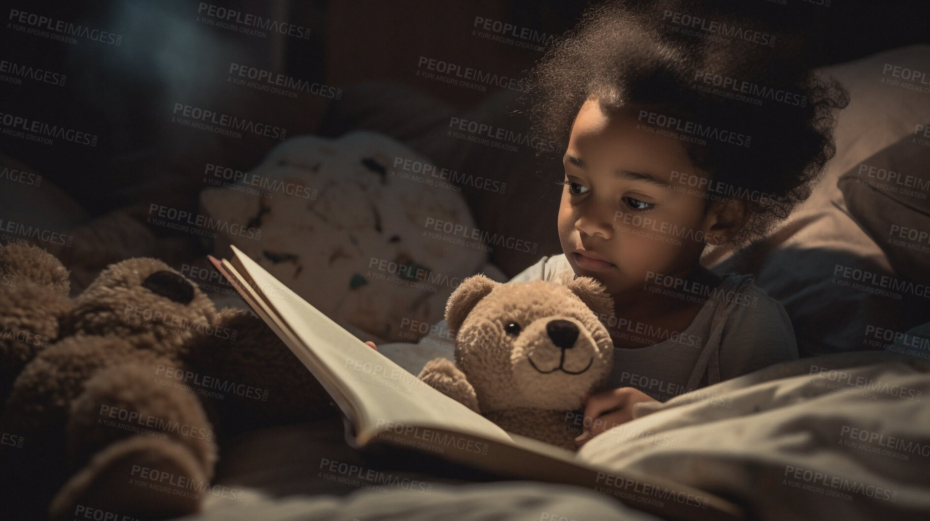 Buy stock photo Night, books and relax with child in bedroom for storytelling, learning and fairytale. Ai generated, bedtime and teddy bear with black kid and reading at home for fantasy, education and development