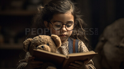 Night, books and fairytale with child in bedroom for storytelling, learning and relax. Ai generated, bedtime and teddy bear with kid and reading at home for fantasy, education and development