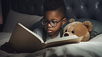 Night, books and reading with boy in bedroom for storytelling, learning and relax. Ai generated, bedtime and teddy bear with black kid and fairytale at home for fantasy, education and development