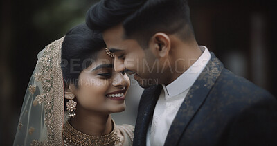 Love, Indian and kiss with couple at wedding for celebration, party and save the date event. Ai generated, marriage ceremony and promise with man and woman for future, romance and reception