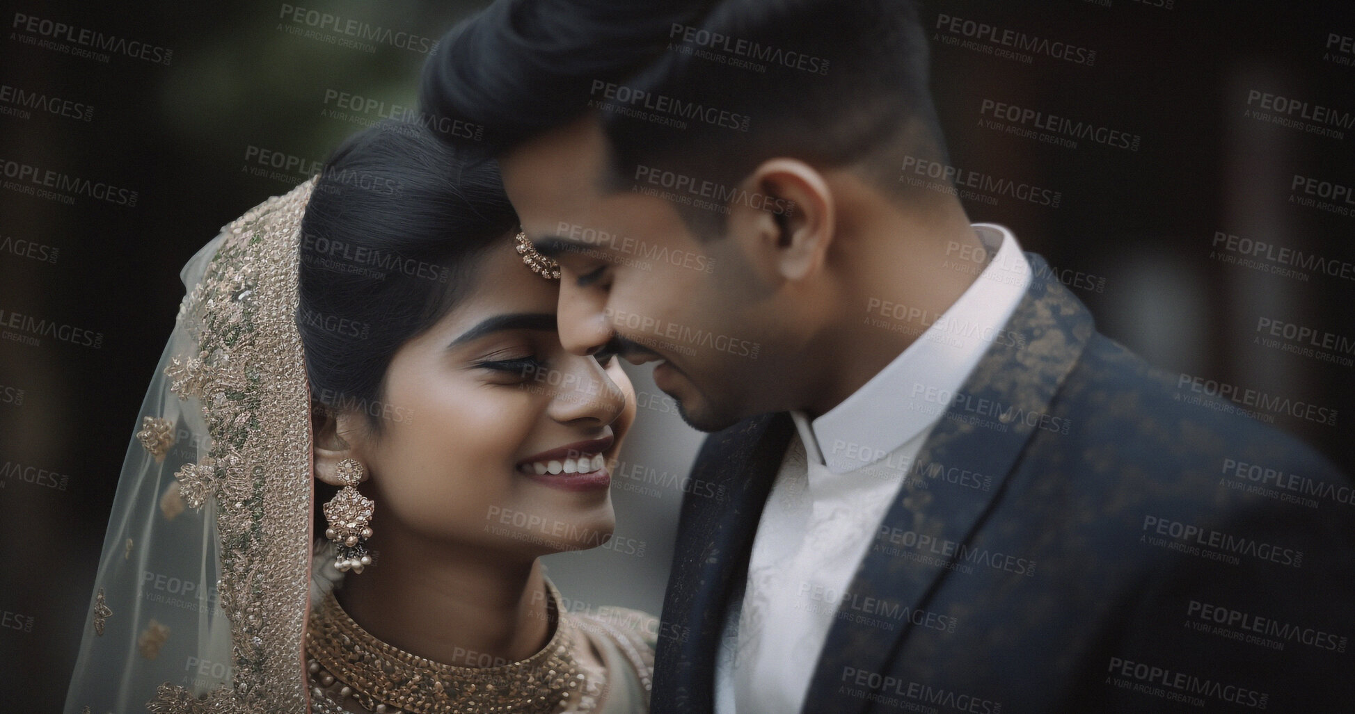 Buy stock photo Love, Indian and kiss with couple at wedding for celebration, party and save the date event. Ai generated, marriage ceremony and promise with man and woman for future, romance and reception