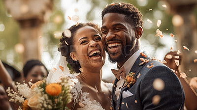 Love, confetti and wedding with black couple and happy for celebration, party and save the date event. Ai generated, ceremony and vows with man and woman for marriage, romance and flower petals