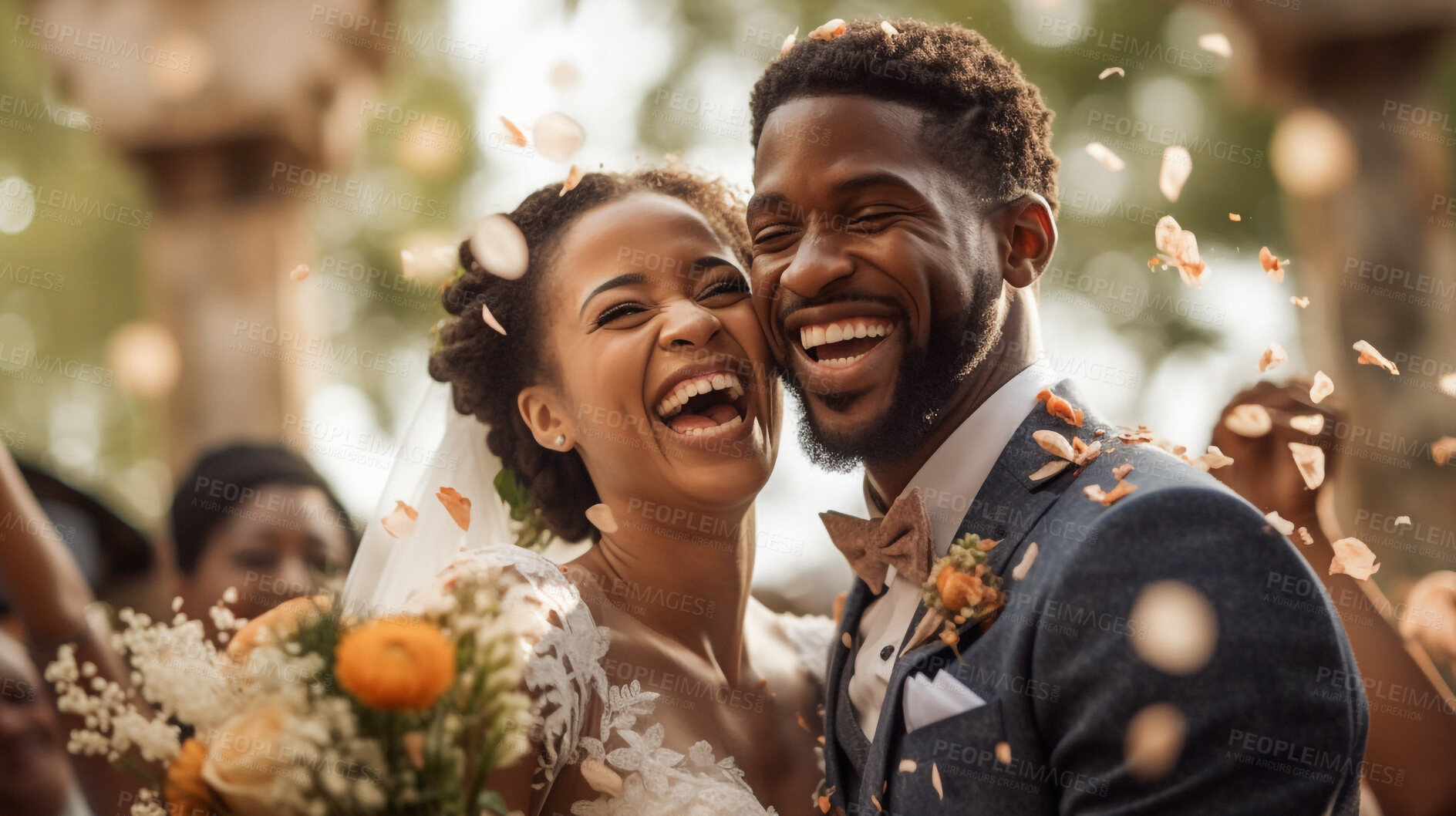 Buy stock photo Love, confetti and wedding with black couple and happy for celebration, party and save the date event. Ai generated, ceremony and vows with man and woman for marriage, romance and flower petals