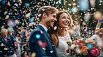 Love, confetti and wedding with couple and smile for celebration, party and save the date event. Ai generated, ceremony and vows with man and woman for marriage, romance and flower petals