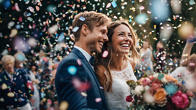 Love, confetti and wedding with couple and smile for celebration, party and save the date event. Ai generated, ceremony and vows with man and woman for marriage, romance and flower petals