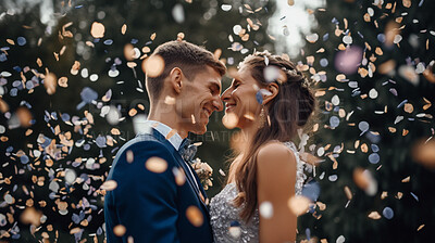 Love, confetti and wedding with couple and kiss for celebration, party and save the date event. Ai generated, ceremony and vows with man and woman for marriage, romance and flower petals