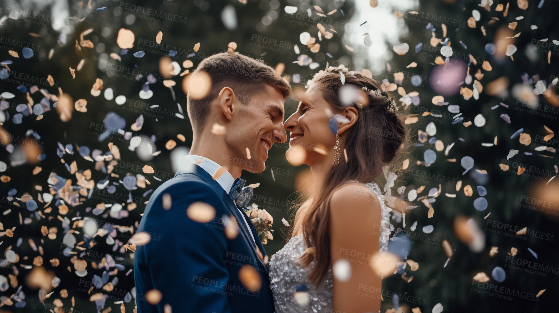 Buy stock photo Love, confetti and wedding with couple and kiss for celebration, party and save the date event. Ai generated, ceremony and vows with man and woman for marriage, romance and flower petals