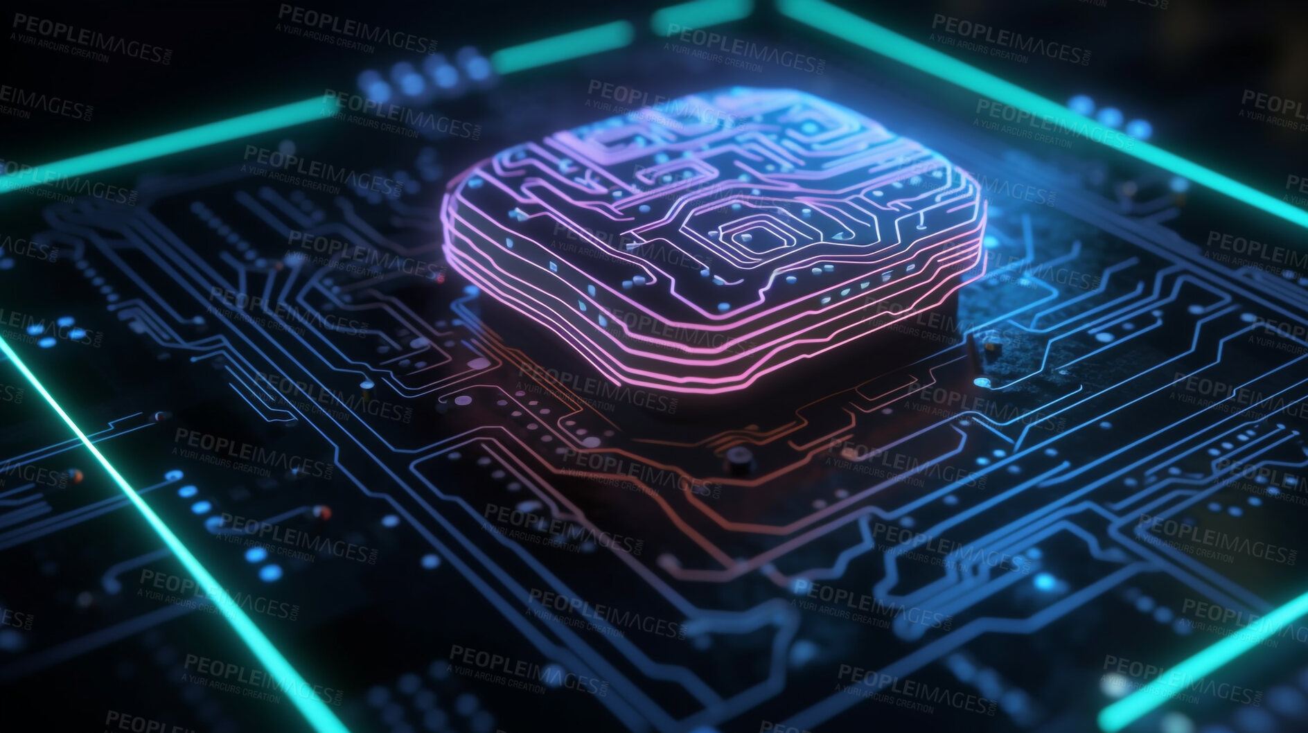 Buy stock photo Cyber security, closeup and neon circuit board for futuristic engineering, electrical and programming data. Ai generated, technology and hardware of motherboard chip for computer system and processor