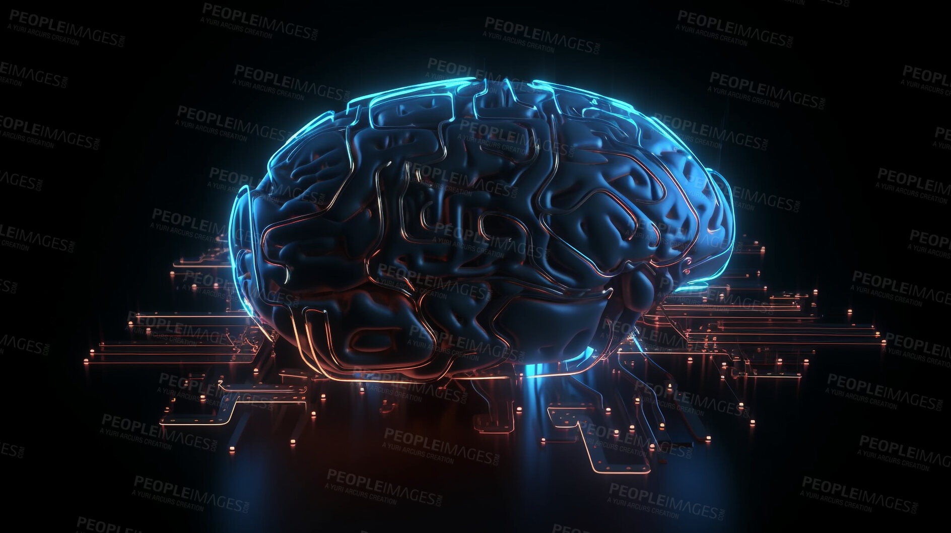 Buy stock photo Artificial intelligence brain, technology or neon circuit board in big data, engineering, cybersecurity or programming. Ai generated, hardware or electrical motherboard chip for system and futuristic