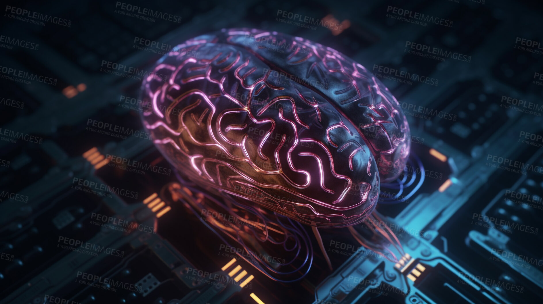 Buy stock photo Futuristic brain, technology or neon circuit board in big data, engineering, cybersecurity or programming. Ai generated, hardware or electrical motherboard chip for system and artificial intelligence