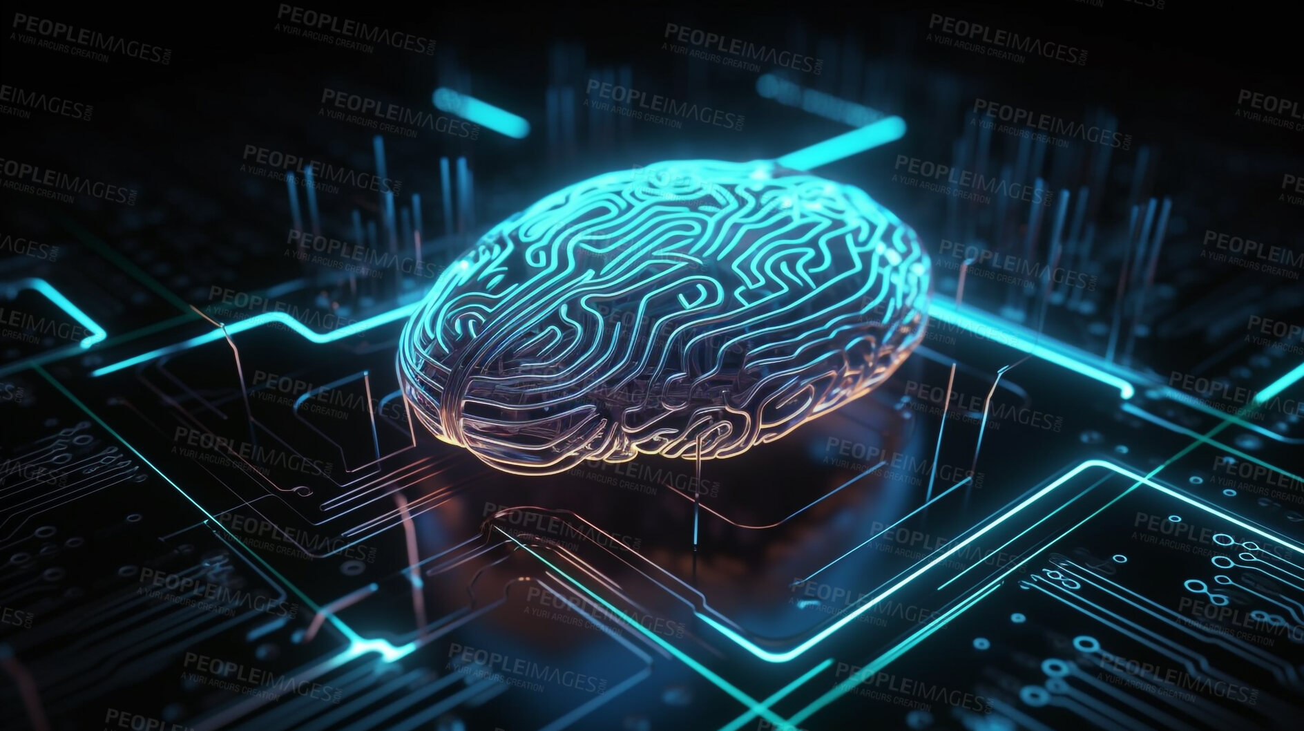 Buy stock photo Future brain or technology of neon circuit board for big data, engineering, cybersecurity or programming. Ai generated, hardware and electrical motherboard chip for system and artificial intelligence