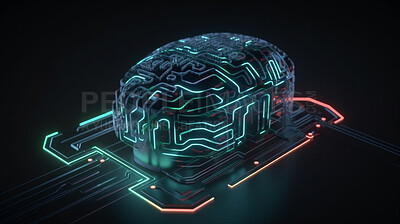 Cybersecurity, hardware and neon circuit board for futuristic engineering, electrical and programming data. Ai generated, technology and closeup of motherboard chip for computer system and processor