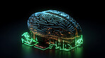 Brain, electrical and technology with neon circuit board for future engineering, artificial intelligence and programming. Ai generated, data and closeup of motherboard chip for system and processor