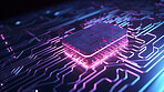 Cybersecurity, electrical and neon circuit board for future engineering, hardware and programming big data. Ai generated, technology and closeup of motherboard chip for computer system and processor