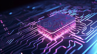 Cybersecurity, electrical and neon circuit board for future engineering, hardware and programming big data. Ai generated, technology and closeup of motherboard chip for computer system and processor