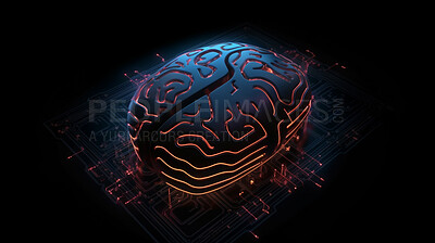 Data, brain and technology of neon circuit board for future engineering, cybersecurity and programming. Ai generated, hardware and electrical motherboard chip for system and artificial intelligence