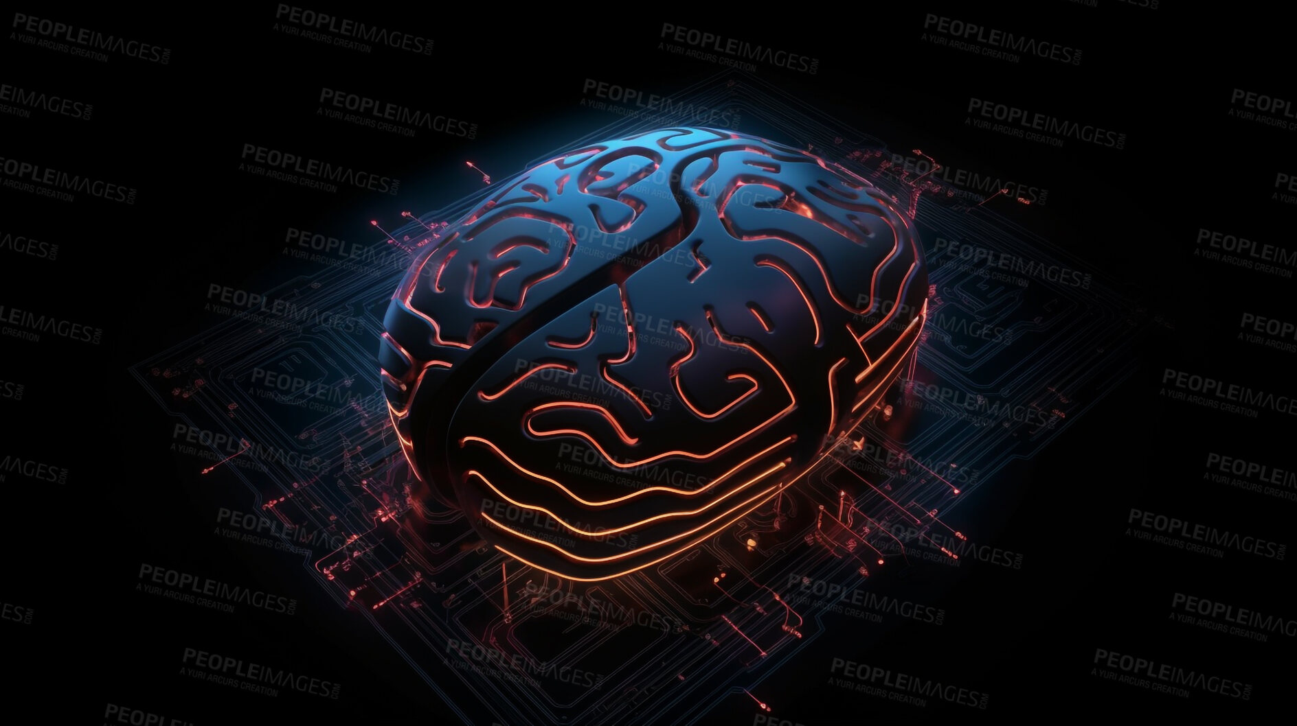 Buy stock photo Data, brain and technology of neon circuit board for future engineering, cybersecurity and programming. Ai generated, hardware and electrical motherboard chip for system and artificial intelligence