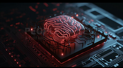 Closeup, neon and circuit board hacking in cyber security theft, engineering scam and big data phishing. Ai generated, hack and motherboard with gdpr danger, red and information protection virus
