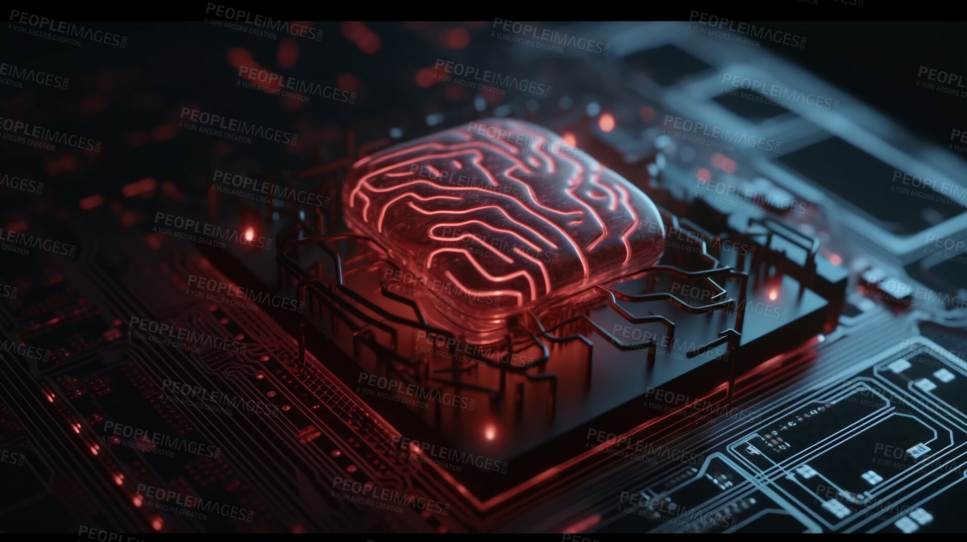 Buy stock photo Closeup, neon and circuit board hacking in cyber security theft, engineering scam and big data phishing. Ai generated, hack and motherboard with gdpr danger, red and information protection virus