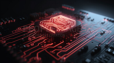 Closeup, neon and circuit board hacking in engineering theft, cyber security scam and big data phishing. Ai generated, hack and motherboard with gdpr danger, red and information protection virus