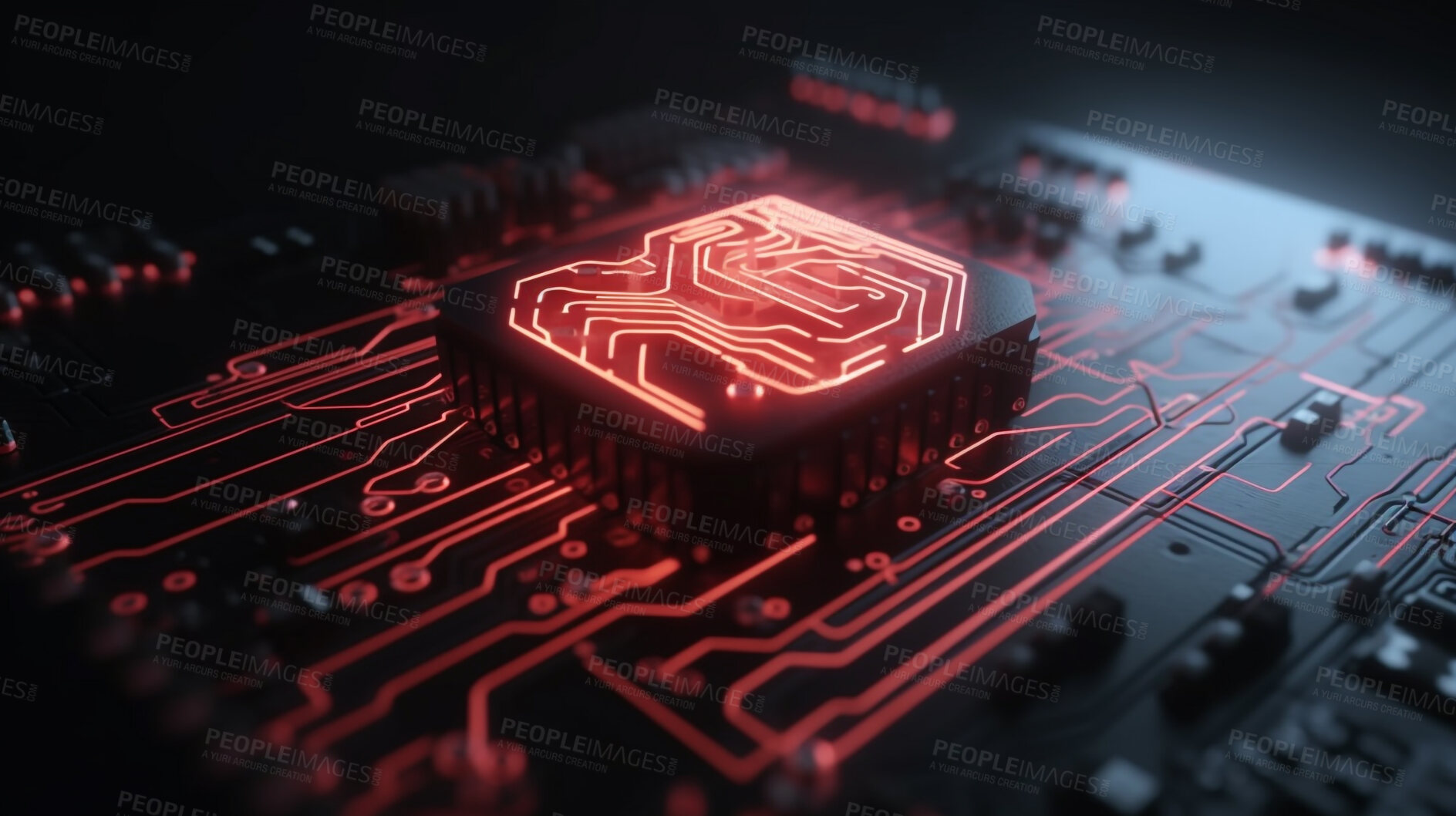 Buy stock photo Closeup, neon and circuit board hacking in engineering theft, cyber security scam and big data phishing. Ai generated, hack and motherboard with gdpr danger, red and information protection virus