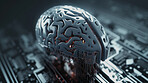 Futuristic, brain and artificial intelligence on circuit board in closeup engineering, cybersecurity or programming. Ai generated, hardware and electrical motherboard chip for software system or data