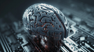 Futuristic, brain and artificial intelligence on circuit board in closeup engineering, cybersecurity or programming. Ai generated, hardware and electrical motherboard chip for software system or data
